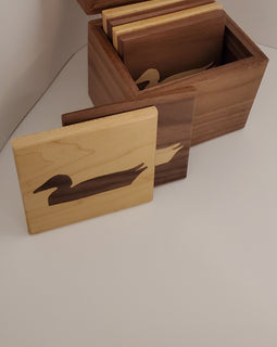 4x5 maple and walnut box with 6 wood  coasters duck inlay